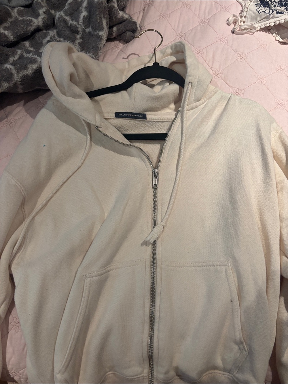 Brandy Melville Cream Zip Hoodie with Drawstring